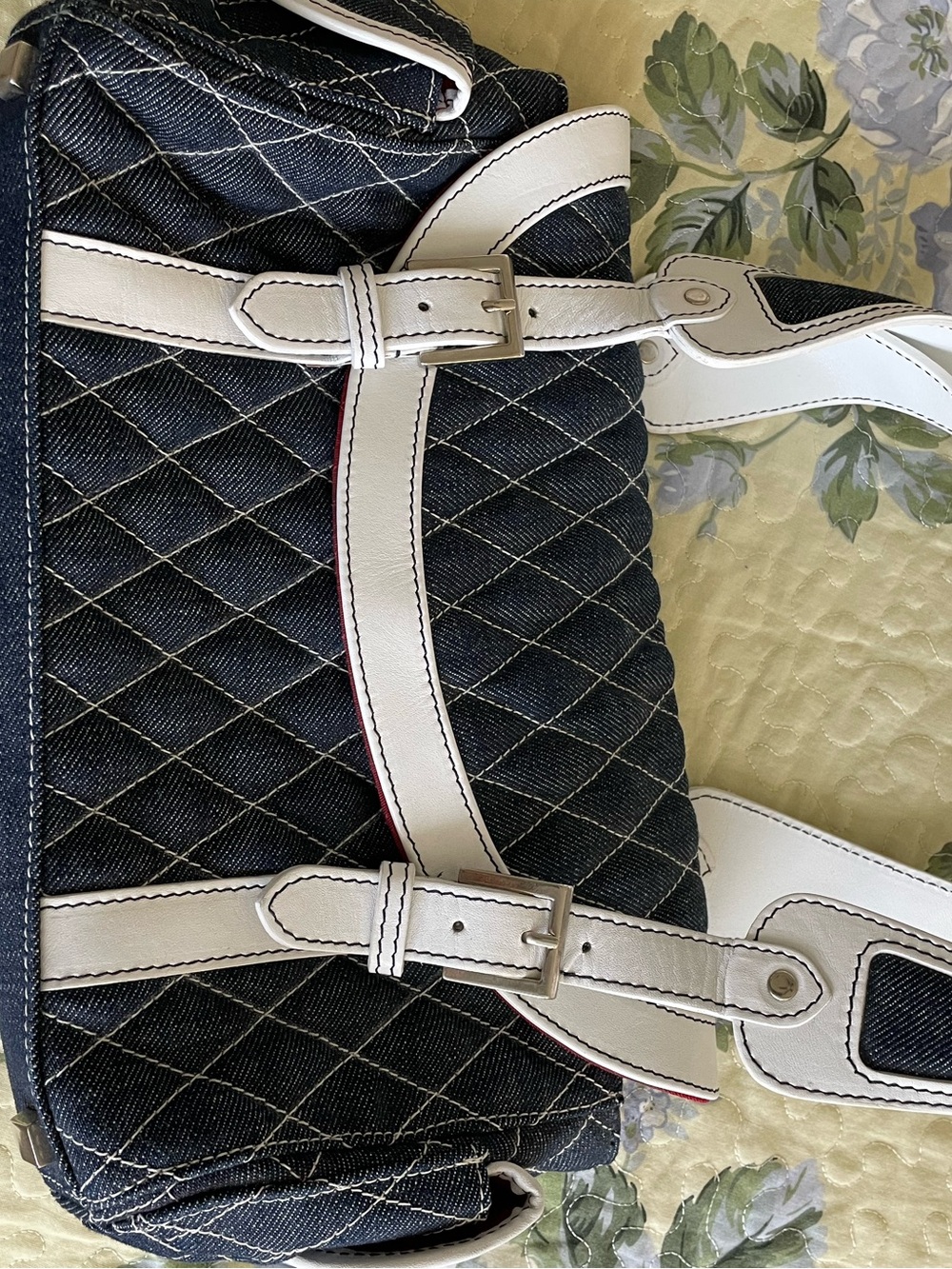 Quilted Denim Shoulder Bag with White Trim